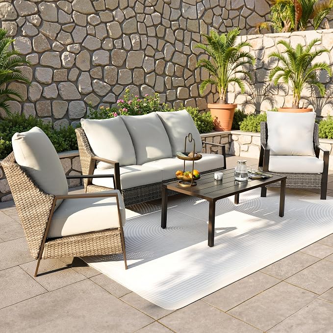 4 Piece Outdoor Patio Furniture Set, All-Weather Wicker Conversation Set with 4.72" Thick Olefin Cushions - 3-Seat Sofa, 2 Armchairs and Coffee Table for Backyard Deck Porch, Balcony, Beige