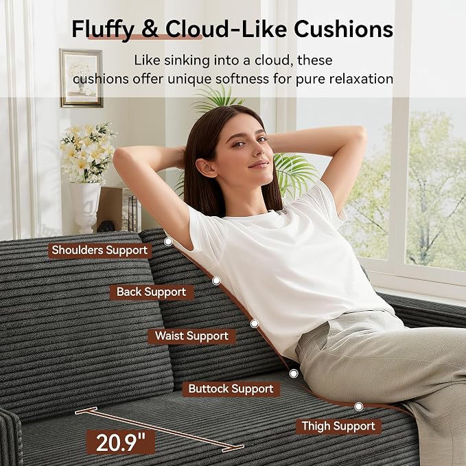 Vipbear 65.4" Loveseat Sofa,Mid-Century Modern Small Couches for Living Room, Bedroom, Office,Comfy Grey Corduroy Couch with Spring Cushion, Solid Wood Frame, Tool-Free Assembly