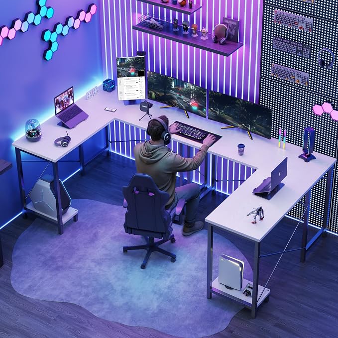 DUMOS L Shaped Desk, Computer Gaming Desks Corner Office Table with CPU Shelf for Home Study Writing Work Station 50 Inch, Sturdy Modern Design, Ideal for PC Setup, Study, and Home Office Use, White