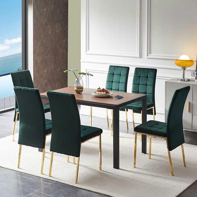 NORDICANA Upholstered Velvet Dining Chairs for 6, Classic High Back Kitchen Chairs Set of 6, Tufted Side Chairs, Golden Color Metal Legs, Forest Green