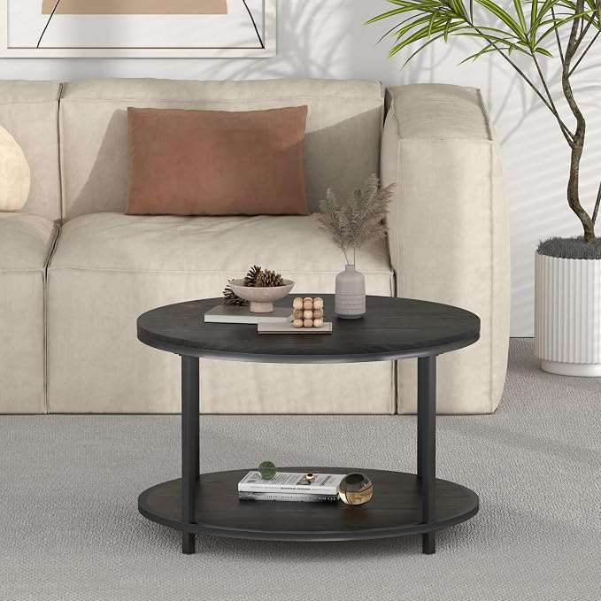 NSdirect Round Coffee Table, 25.6" Small Coffee Table for Living Room,2-Tier Rustic Wood Desktop with Storage Shelf Modern Design Home Furniture(Black)