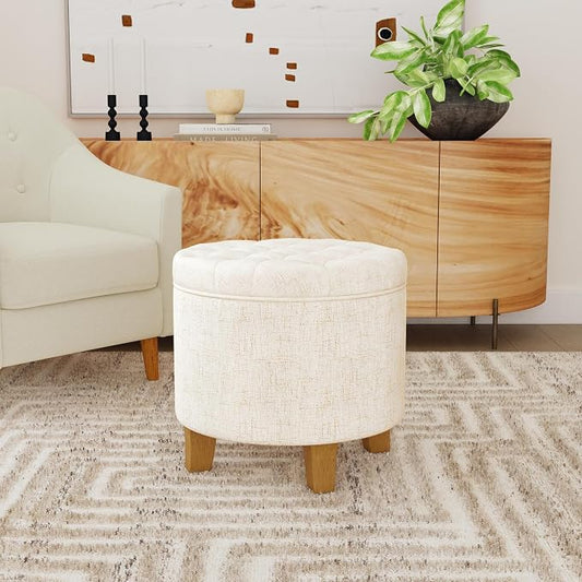 HomePop 19" Button Tufted Round Storage Ottoman - Cream Textured Solid