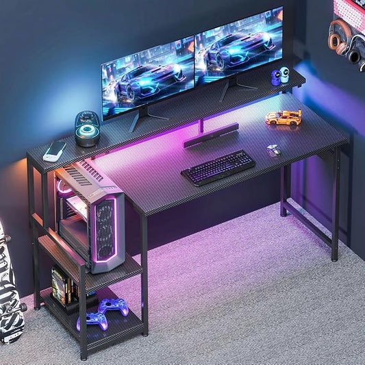 AODK 55 Inch Gaming Desk with LED Lights, Computer Desk with Storage Shelves, Reversible Desk with Monitor Stand, Carbon Fiber Black