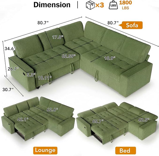 Sunny Heart Modular Sectional Sleeper Sofa with Pull Out Bed, Corduroy L Shaped Sectional Sofa with USB Ports/Adjustable Backrest/Storage Seats, Tool-Free Assembly, Couches for Living Room Green