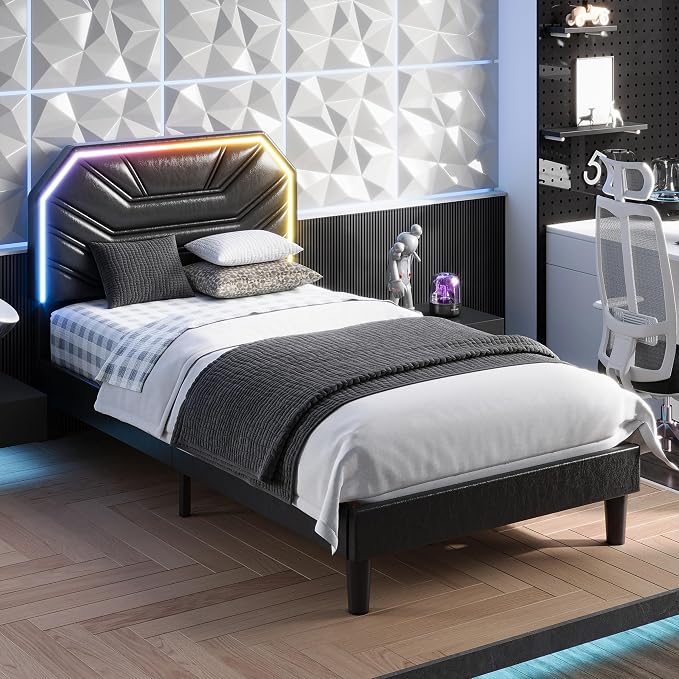 LIKIMIO Twin Bed Frames with LED Light Headboard, Upholstered Modern Cama Twin Platform Bed Frame with Heavy Duty Supports, No Box Spring Need, Noise Free, Easy Assembly, Black