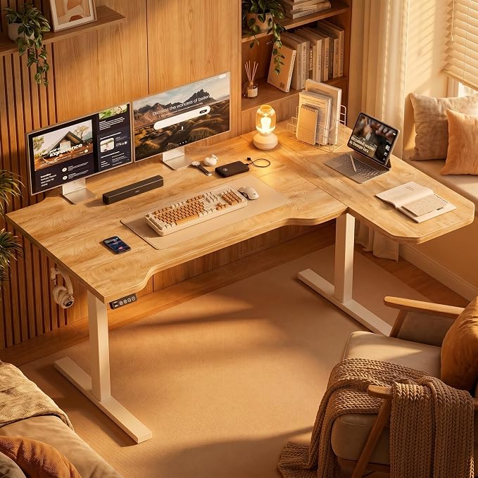 Grandder 47" L Shaped Standing Desk, Electric Height Adjustable Corner Stand Up Desk with Ergonomic Curved Round Corner for Small Apartment Home Office, Oak Desktop White Frame
