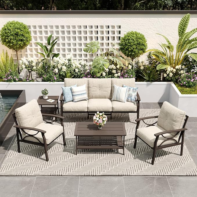 FansaFurn 5-Pieces Outdoor Patio Furniture Set, Outdoor Metal Sectional Furniture with Cushions, Outdoor Conversation Seating Set with Coffee Table for Garden, Balcony, Deck, Backyard, Khaki