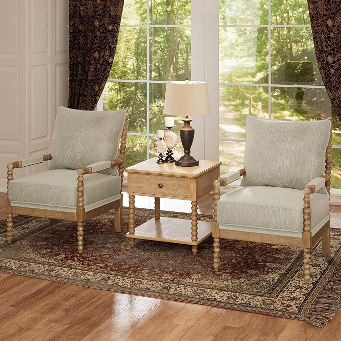 Morden Fort Linen Fabric Spindle Accent Chairs Set of 2, French Style Chairs with High Resilience Spring Cushion and Armrest Pads, Leisure Armchair for Living Room Bedroom Farmhouse Office Balcony