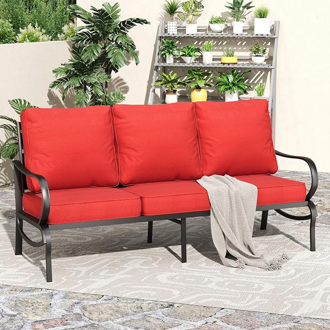 PHI VILLA Metal Patio Sofa with 5.75" Extra-Thick Waterproof Cushion, 3 Seater Deep Seat & High Back Outdoor Couch, All Weather Porch Furniture for Deck Backyard Front Porch Apartment,Rust Red