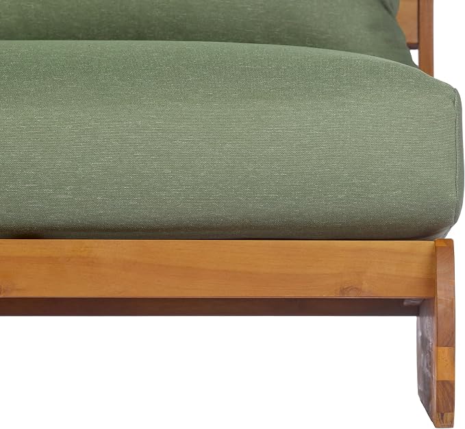 Merax Outdoor Acacia Wood Sofa with All-Weather Cushions, Patio Low 3-Seater Lounge Sofa for Porch, Lawn, Backyard, Balcony, Green+Teak