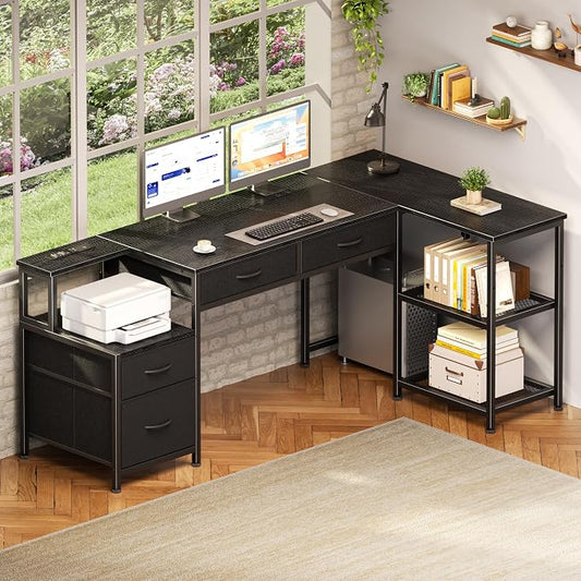Korfile 57 Inch L Shaped Computer Desk with Power Outlets, Reversible Home Office Desk with 4 Fabric Drawers & 2 Adjustable Mesh Shelves, Corner Study Work Desk with Larger Storage, Black