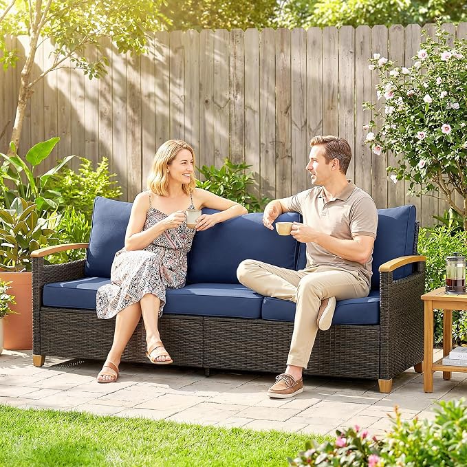 Outsunny 3 Seater Outdoor Couch Sofa, PE Wicker Patio Couch with Wide Deep Seating, 4" Foam Cushions, Wood-Effect Armrests and Legs, Patio Sofa Furniture for Garden, Backyard, Porch, Dark Blue