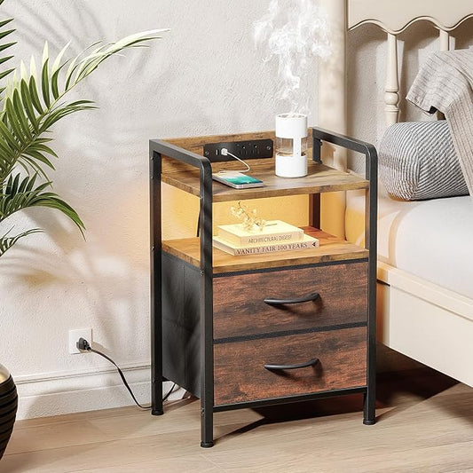 Lazzanto Night Stand Bedside Table Bedroom - Nightstand with Charging Station, Night Stand with LED Light Strip, End Table with U-S-B Ports & AC Outlets, Storage Shelf & 2 Fabric Drawers, Rustic Brown