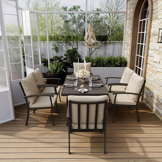 HAPPATIO 7 Piece Patio Dining Set, Aluminum Outdoor Dining Set for 6, Aluminum Dining Table and Chairs Set, Patio Furniture with Table, Chairs and Washable Cushions (Black)