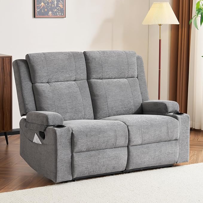 GUEAPY 55" Loveseat Reclining Sofa with Cup Holders – Manual Double Reclining Sofa for Aprtment & Small Spaces, Chenille Fabric Reclinig Couch with Wide Armrests & Side Storage for Livingroom