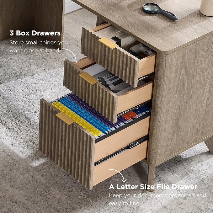 T4TREAM 60'' Fluted Executive L Shaped Desk, Modern Home Office Desk with Charging Station and File Drawer, Computer Corner Desks with Drawers & Storage Cabinet for Office Home, Bedroom, Alder Grey