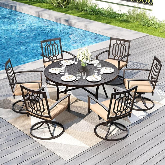 PHI VILLA 7 Pieces Round Outdoor Dining Set for 6, 54" Black Wrought Iron Table with Umbrella Hole & Swivel Metal Steel Chairs, Outside Furniture Set for Patio, Porch, Deck, Backyard