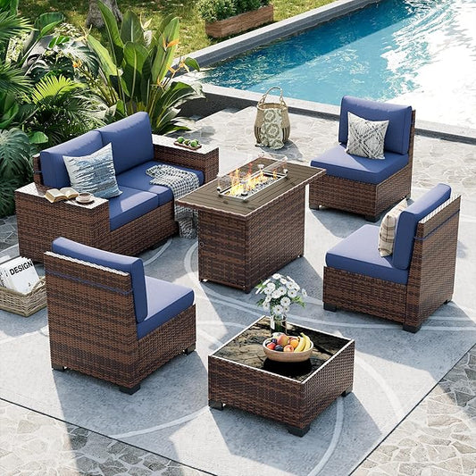 UDPATIO Patio Furniture Set with Fire Pit Table, 8 Inch Armrest 7 Piece Outdoor Sectional Sofas, All-Weather Wicker Conversation for Garden, Backyard, Brown/Navy Blue