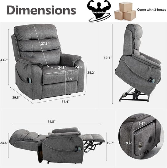 JIKFRIMA Power Lift Recliners Chairs for Elderly Adults Lay Flat Recliner with Heat & Massage, Wireless Charging Device, USB Ports, Cup Holder, Lumbar Pillow, 400Lbs(Grainy Fibric,Grey)
