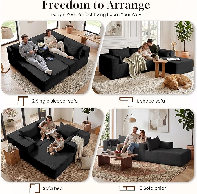 GRUSIGN 106" Oversized Sectional Boneless Sleeper Sofa Bed Couches for Living Room, Modular L Shaped Couch with Left Facing Chaise & Big Ottoman, Compressed Spineless Corduroy Cloud Sofas, Black