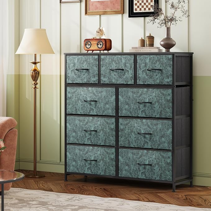 WLIVE 9 Drawer Dresser, Fabric Storage Tower for Bedroom, Hallway, Closet, Tall Chest Organizer Unit for Bedroom with Fabric Bins, Steel Frame, Wood Top, Easy Pull Handle, Vintage Green
