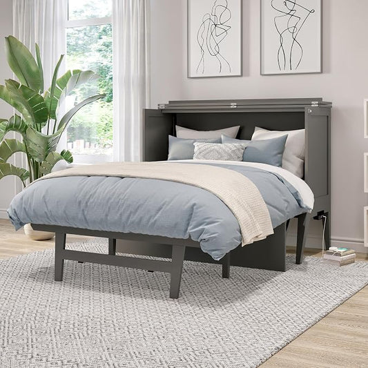 AFI, Northampton Full Size Murphy Bed Desk with Memory Foam 6" Mattress and Built-in USB Charger, Grey