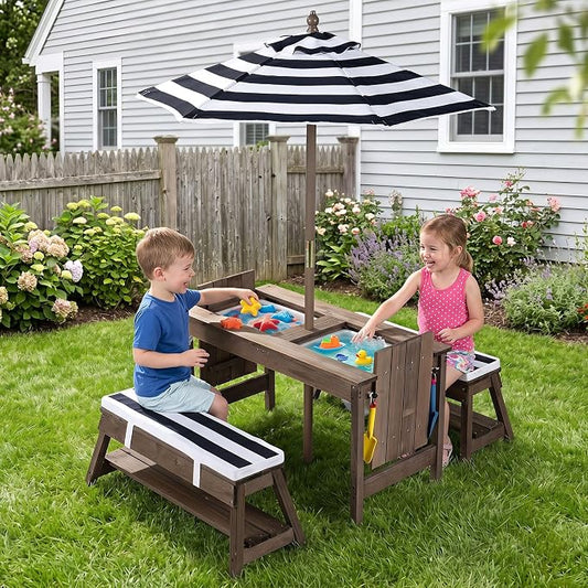 HONEY JOY Kids Picnic Table, 4 in 1 Fir Wood Toddler Sand & Water Table w/Removable Box & Umbrella, Waterproof Cover, Garden Tools, Children Outdoor Table and Bench Set with Cushions (Blue)