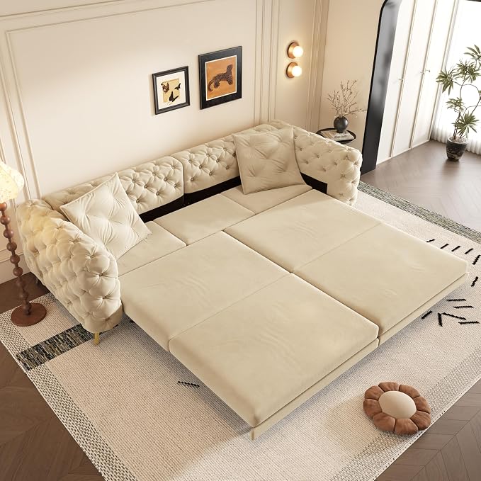 97.7" Convertible Queen Sleeper Sofa with Ottoman - Button Tufted Pull Out Sofa Bed, Velvet King Size Couch Bed & Vintage Deep Seat 4-Seater Couch for Small Spaces, Apartment & Living Room, Apricot | Button Tufted