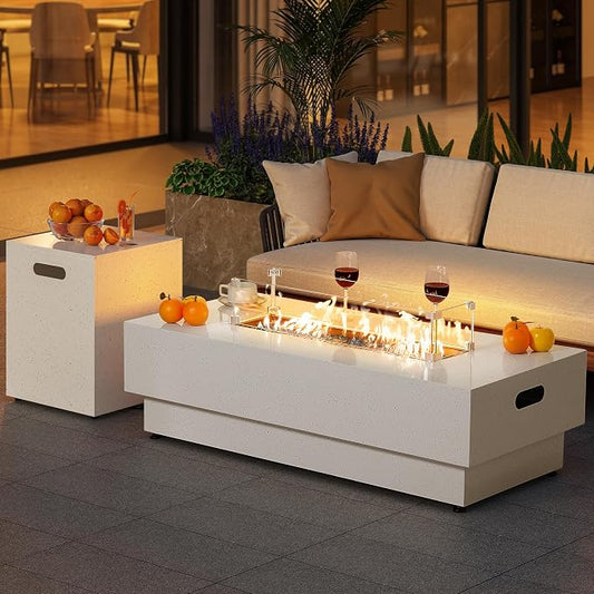 IRONCK 50-Inch Outdoor Propane Fire Pit Table w Tank Table, CSA Certified, Rectangular Patio Fire Pit w Glass Rocks, Wind Guard and Cover, 58000 BTU 2 in 1 Outdoor Heater for Deck Garden, White