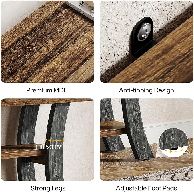 Tribesigns 41" Small Console Table for Entryway, 3-Tier Narrow Rustic Sofa Table with Storage Shelves and Curved Frame for Living Room, Entry, Hallway, Foyer (Brown & Grey)