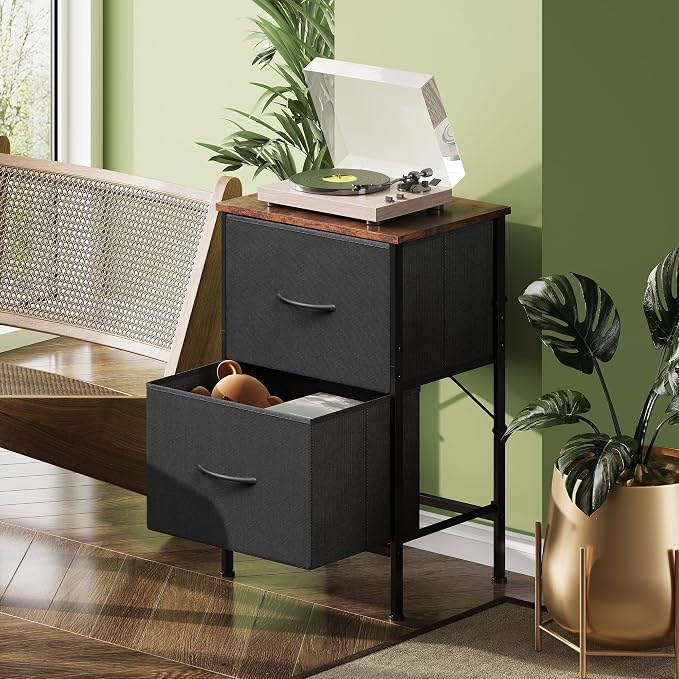 WLIVE Nightstand, Nightstand with 2 Drawers, Bedside Furniture, Night Stand, Small Dresser for Bedroom, College Dorm, End Table with Fabric Bins, Dormitory, Black and Rustic Brown