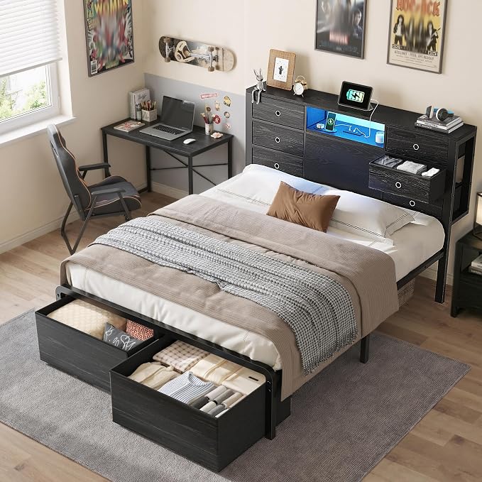 Homkdom Full Size Bed Frame with 8 Fabric Drawers Storage, LED Lights & Charging Station, Metal Platform Bed Frame with Headboard Storage Providing Noise-Free and Easy Assembly,Black