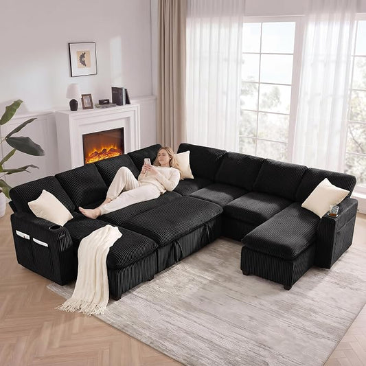 Oversized Sectional Sleeper Sofa with Pull Out Bed, Plush Corduroy 9 Seat Modular Sofa with Storage Chaise and Adjustable Backrest, Cloud Couches for Living Room, Apartment, Black