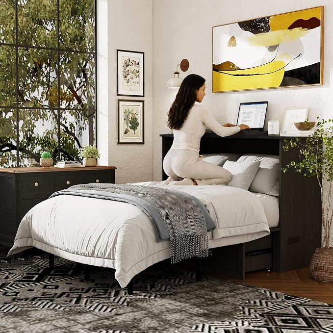 Ihanherry Full Murphy Bed with Storage Drawer, Farmhouse Cabinet Bed with LED Lights & Charging Station, Space Saving Wall Bed for Small Bedroom/Home Office, Noise Free & Easy Assembly, Rustic Black