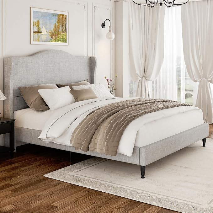 Queen Bed Frame with 50.4" Tall Wingback Headboard, Upholstered Platform Bed with Wood Slats, 1000 lbs Capacity, No Box Spring Needed, Easy Assembly, Beige