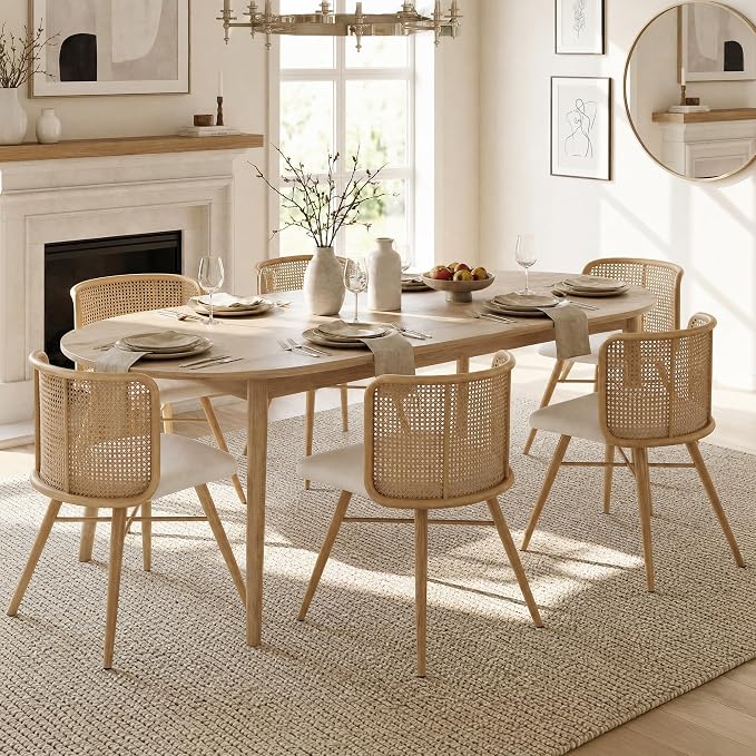 TYBOATLE Farmhouse Rattan Dining Chairs Set of 6 (Cream White) | Boho, Natural Cane Woven Back, Faux Leather Seat, Metal Legs, Upholstered, Kitchen, Dining Room