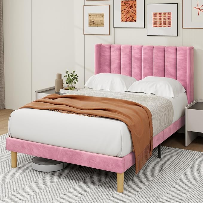 alazyhome Platform Bed Frame Full Size with Upholstered Headboard, Solid Wood Slats Support, No Box Spring Needed, Noise Free, Easy Assembly, Modern Velvet Bed, Pink