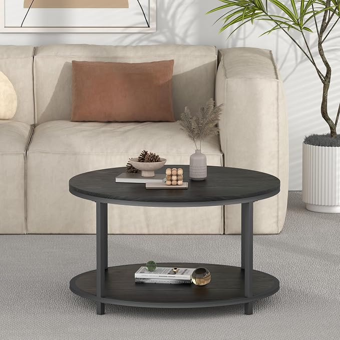 NSdirect Round Coffee Table, 27.6" Small Coffee Table for Living Room,2-Tier Rustic Wood Desktop with Storage Shelf Modern Design Home Furniture(Black)