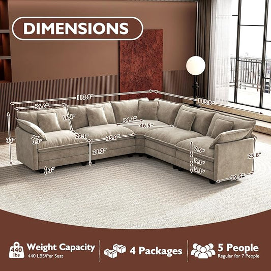 Ihanherry 114" V-Shaped Modern Sofa Modular Sectional Luxurious and Comfortable with Corner Section, 5-Seat Chenille Deep Seat Sofa with 5 Pillows for Living Room, Bedroom and Apartment, Sand