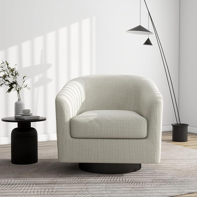 Swivel Barrel Accent Chair, Modern Round Linen Arm Chair for Living Room, Bedroom, Comfy Club Reading Chairs for Adults(Linen Fabric, Beige, Set of 1