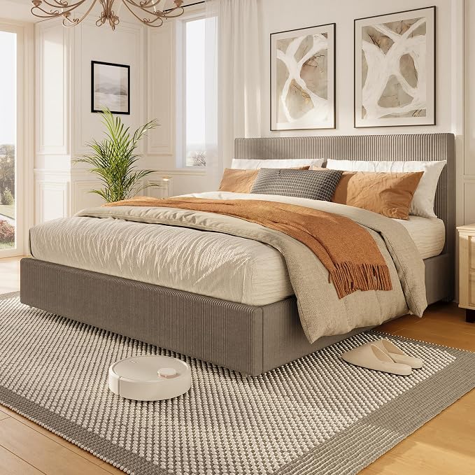 Garvee Corduroy Full Bed Frame with Headboard, Platform Upholstered Bed Frame with 4 Storage Drawers and Wooden Slats Support, No Box Spring Needed, Brown