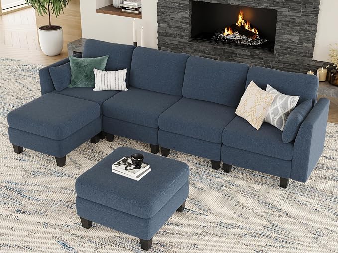 Modular Sectional Sofa, 6 Seaters Modular Sleeper Sofa Couch, Comfy Sectionals Couches Bed, Convertible Sofas with Ottomans, Sectional Couches for Living Room, Blue