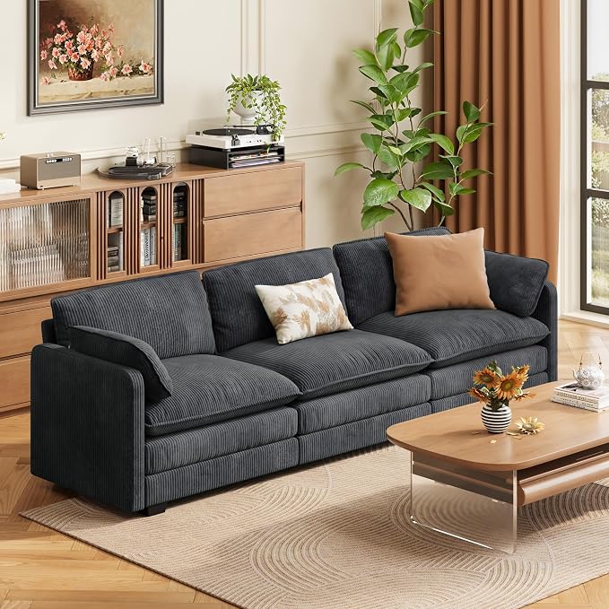 Gizoon 3 Seater Couches for Living Room, Cloud Sleeper Sofa with Double Cushion Corduroy Deep Seat Sofa Couches with 2 Pillows for Living Room Bedroom and Apartment,Pet-Friendly Fabric, Grey