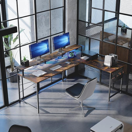 Pamray 64 Inch L Shaped Gaming Desk with Power Outlets and Led Lights, Large Corner Computer Desk with Monitor Stand and Pegboard, PC Table for Home Office and Bedroom Vintage