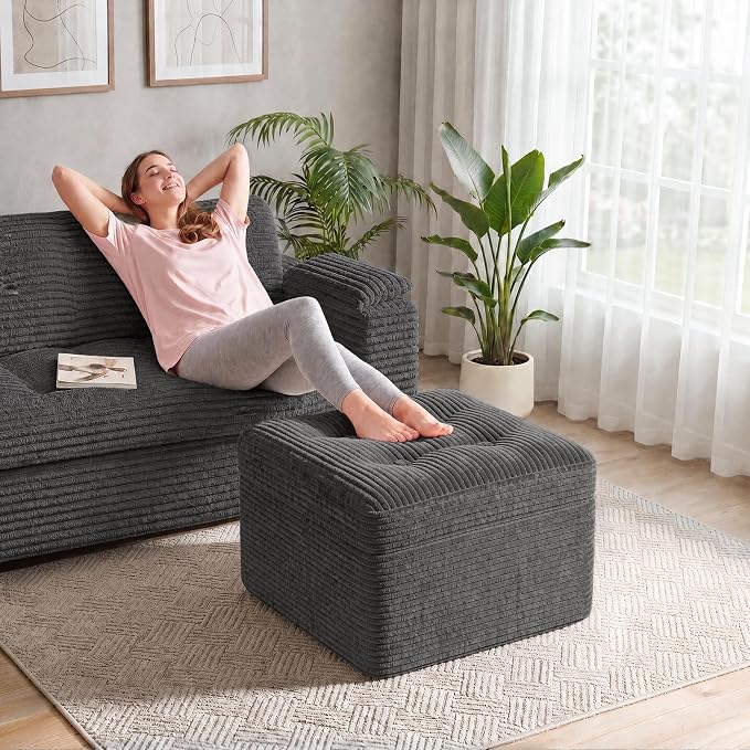 23.6in Pouf Ottoman, Corduroy Ottoman Foot Rest with Dual‑Layer Support, Large Plush Pouf with Soft Chunk‑Foam Top & Firm Foam Base, Floor Foot Stool for Living Room, Dark Grey