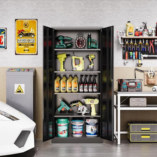 Metal Garage Storage Cabinet with Locking Doors,Steel Tool Cabinets with Adjustable Shelves for Home,Office,Garage,Warehouse Organisieren(Black)