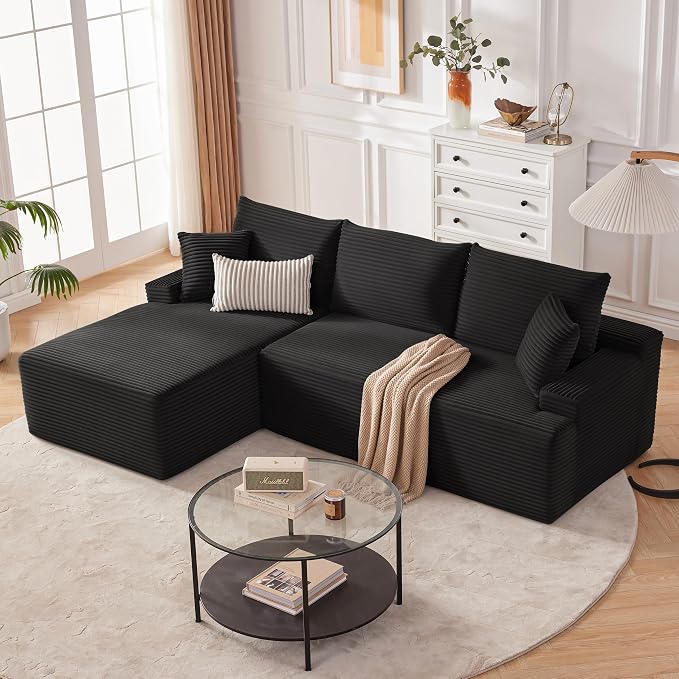 Mangodan Cloud Sectional Sofa, Boneless Couch for Living Room, Modular Sectional Sofa with Deep Seat, Fluffy Comfy Couch with L-Shaped Chaise, No Assembly Required, Black