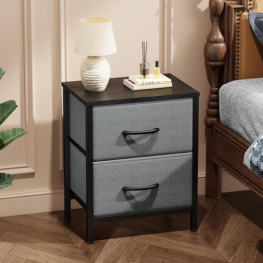 Sweetcrispy Nightstand Set of 2 with 2 Storage Drawers, Small Bedside Table | 20" Height End Table, Wooden Top Fabric Cabinet for Bedroom, Furniture, Closet, College Dorm, Grey