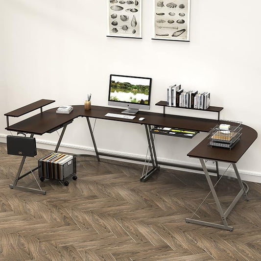 SHW 51 x 51 Inches Vista L-Shaped Desk with Monitor Stand and Drawer, Espresso