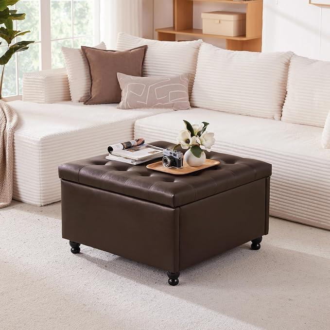 Weture 30 Inch Large Square Storage Ottoman Coffee Table, Oversized Square Ottoman with Storage, Tufted Upholstered Coffee Tables for Living Room (Leather, Brown)
